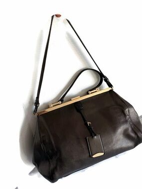 Jil Sander very dark gray Leather Top-Handle Shoulder Bag with Gold Frame